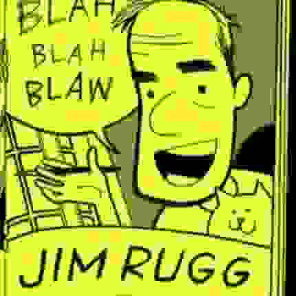 A drawing of Jim Rugg with a cat with a word bubble saying Blah Blah Blaw