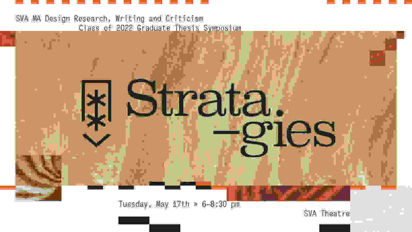 An flyer for the Strata—gies conference. Orange, brown, black images of layers of the earth abstractly depicted. 