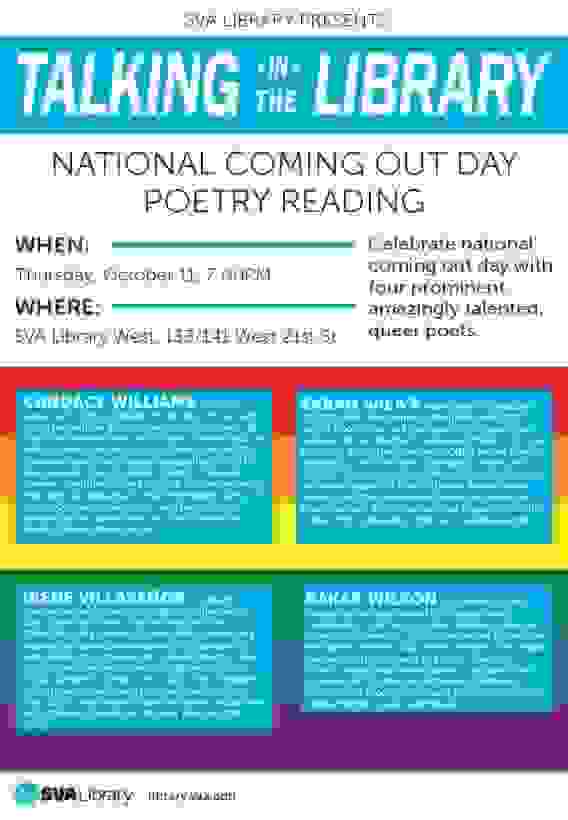 Poster for the event, with the location and date/time details, as well as a rainbow flag backdrop with poet bios.