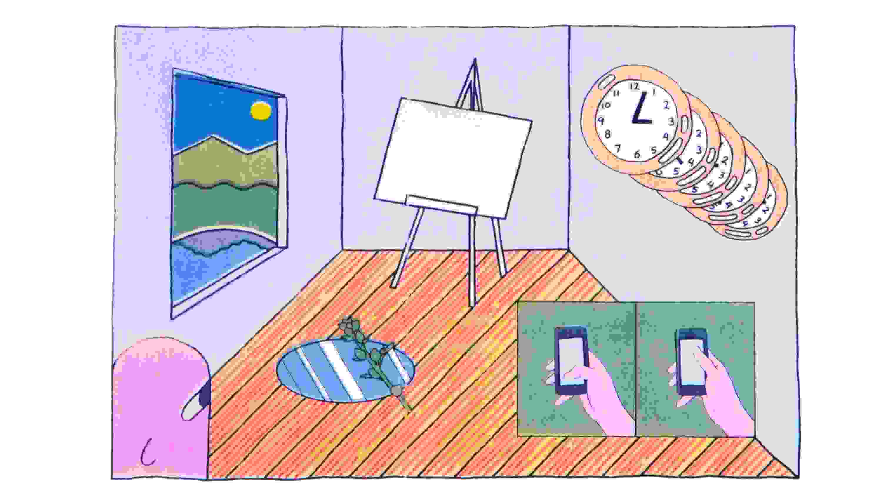 Risograph print of a drawing of an interior scene. The walls of the room are light blue, the floor is hardwood. Out the window to the left it is daylight. The face in the bottom left is content. There is a mirror on the floor with a plant over it. There is a 2-panel comic in the bottom right with a thumb scrolling on a phone. There is a series of clocks over the 2-panel comic. in the center of the room is a blank canvas. 