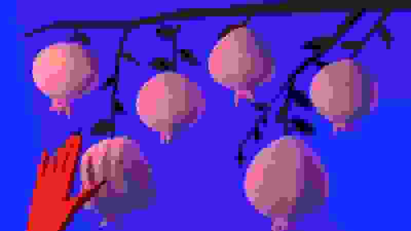 Digital Animation in 3D. A red hand reaches for a branch with six fruits hanging. The fruits react to the touch and squirm and the hand pulls back. On a vibrant purple backdrop. 