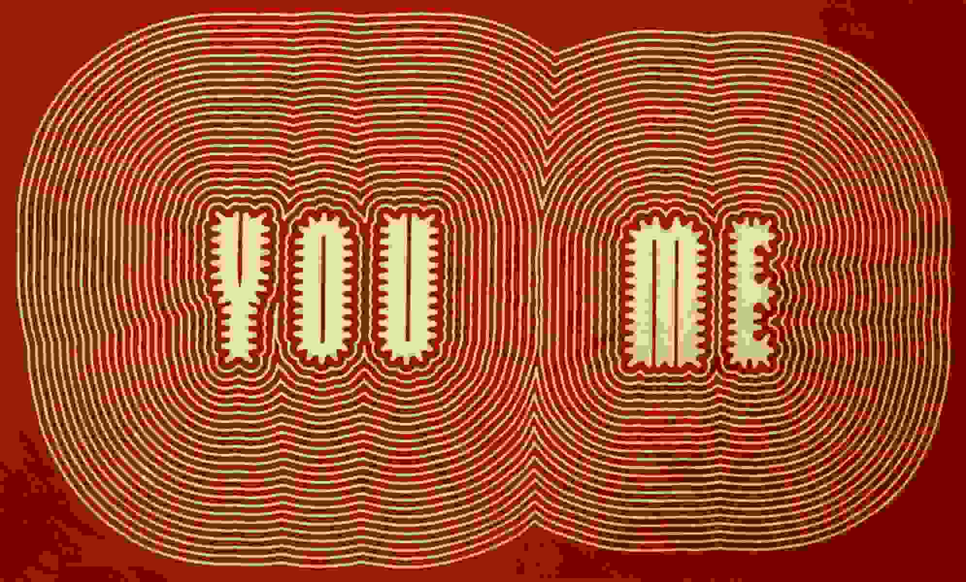 Stylized text artwork by Paula Scher in red and beige, "You Me," designed with a 'reverberating'-type effect around each word.