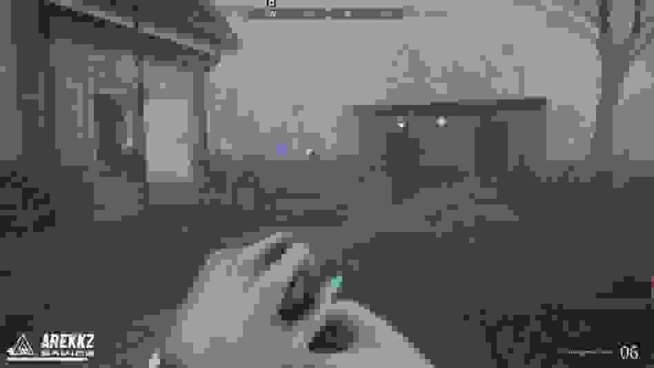 Screenshot from a video by artist Melvin Harper, showing an appropriated excerpt from a first-person "shooter"-style video game.