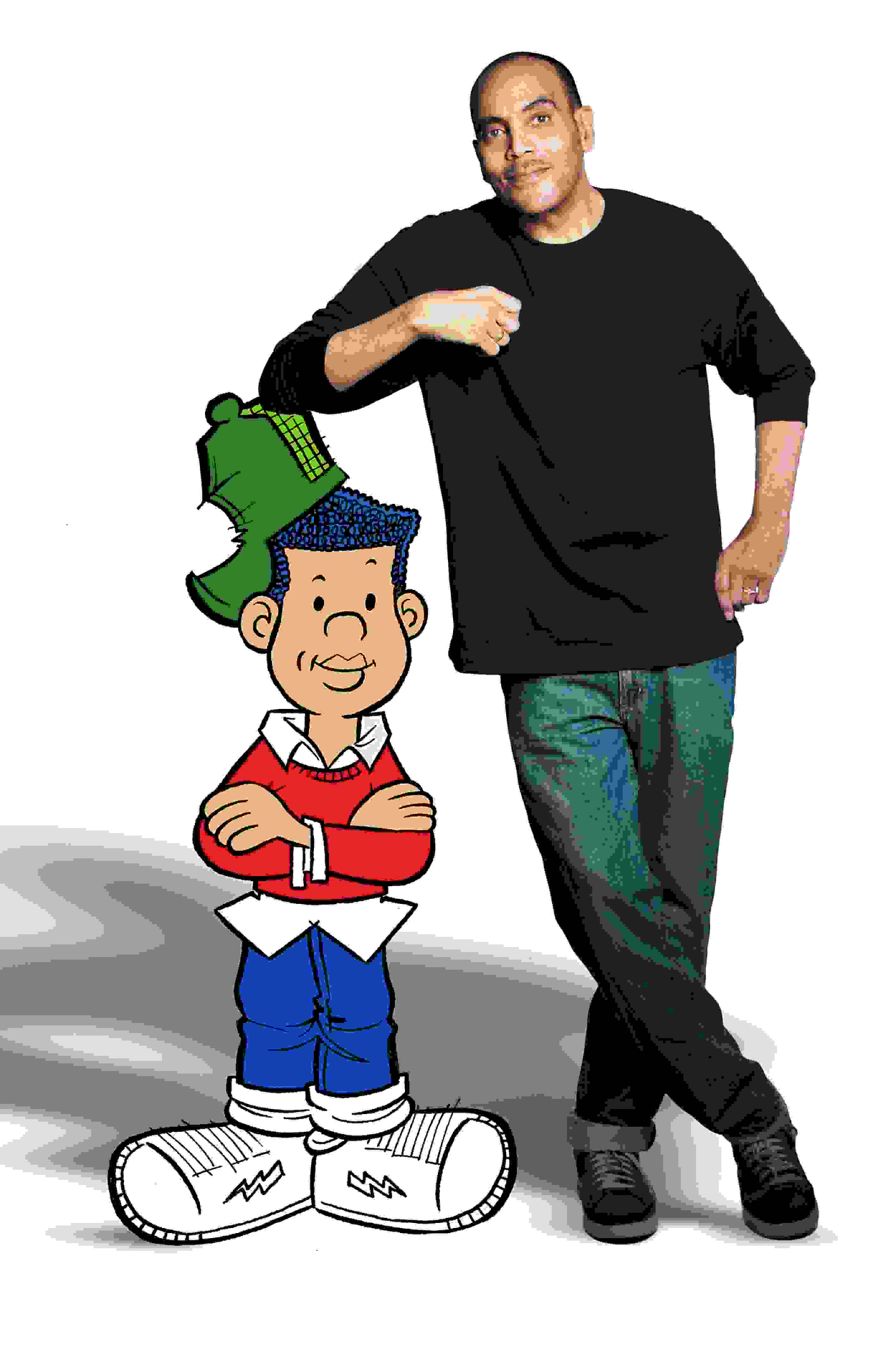 A combined photograph and illustration depicting a man leaning with his elbow propped on the baseball hat of a cartoon character.