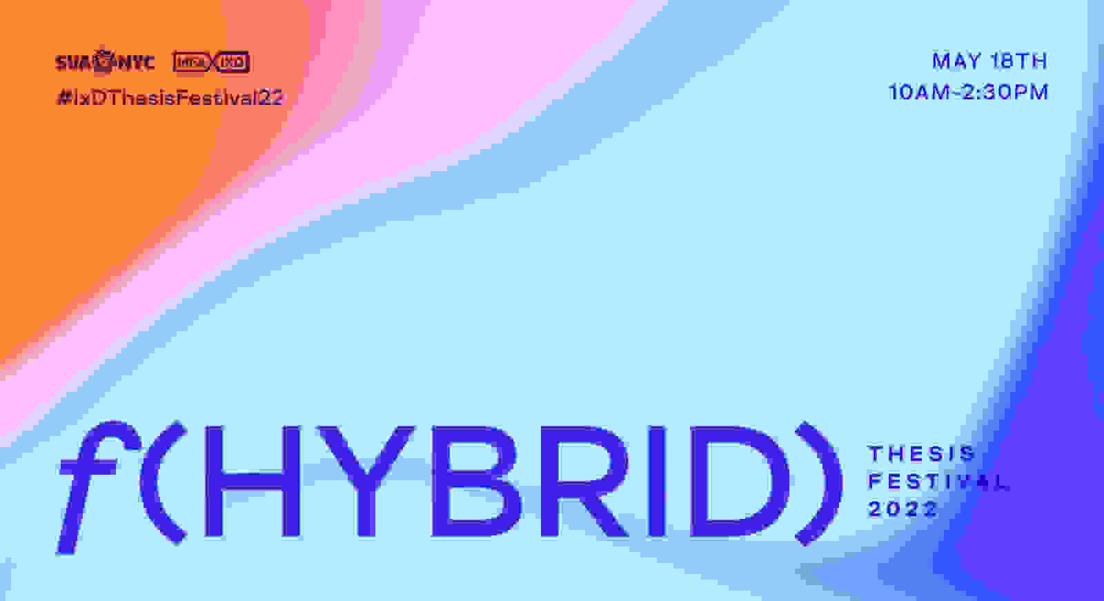 The event title Hybrid sits atop a colorful swirl of bright blue blending into orange with a streak of pale pink.