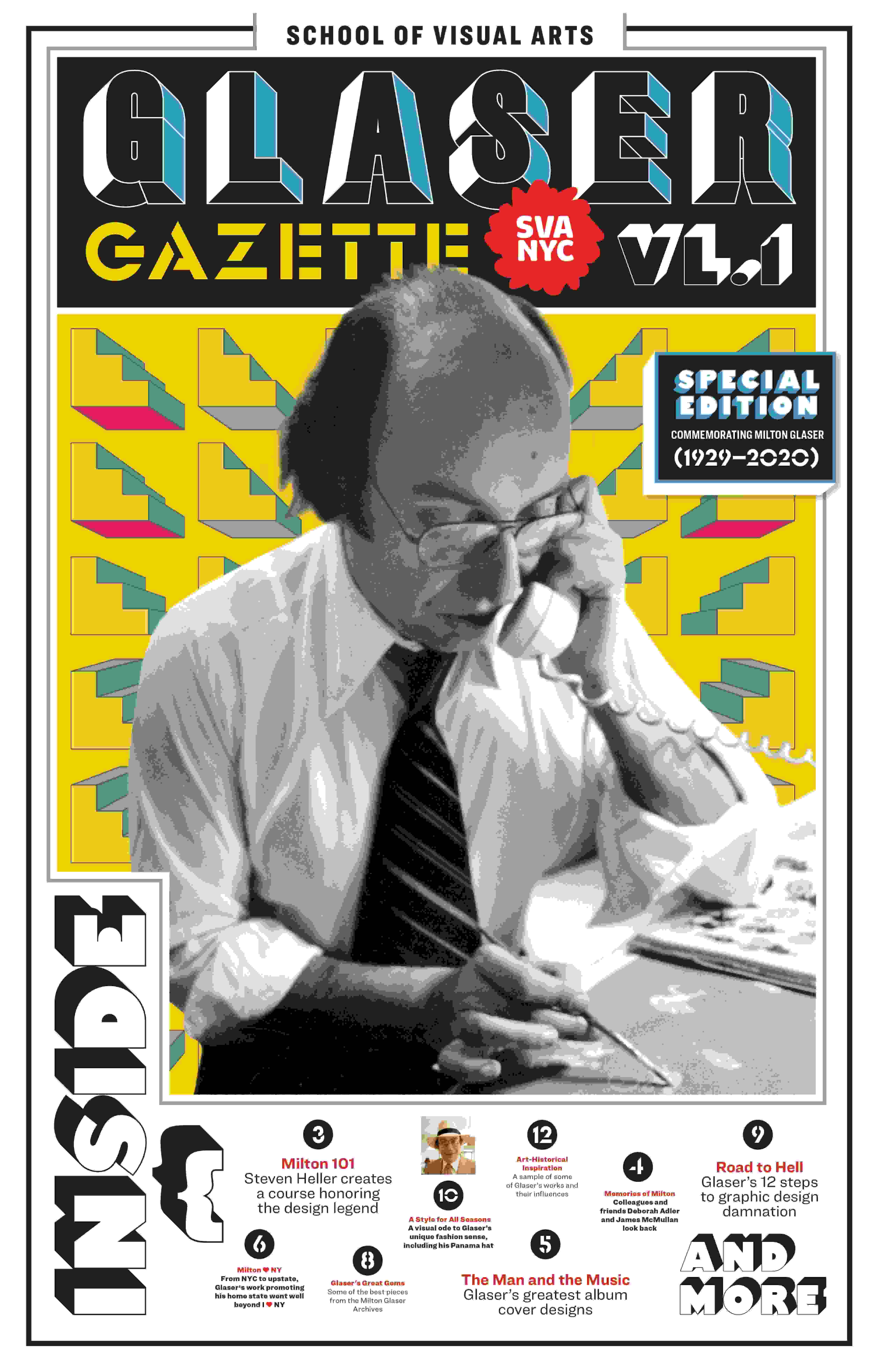 The cover of a newsletter about designer Milton Glaser, featuring a black-and-white photo of Glaser talking on the phone while painting a picture.