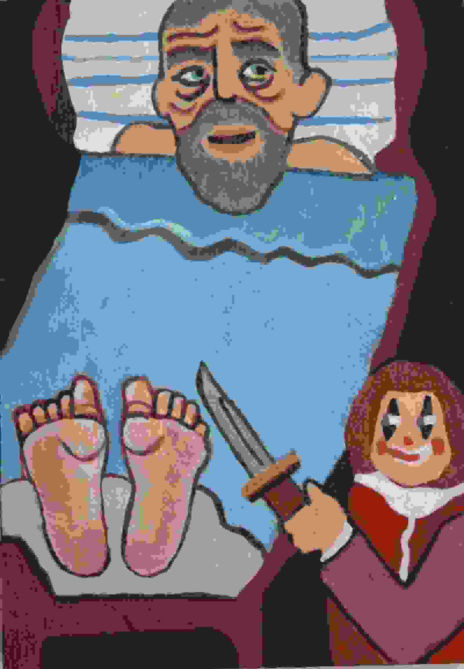 A painting of a man in bed with his head and feet peeking out from under a blue blanket. A clown sits at his feet with a knife.