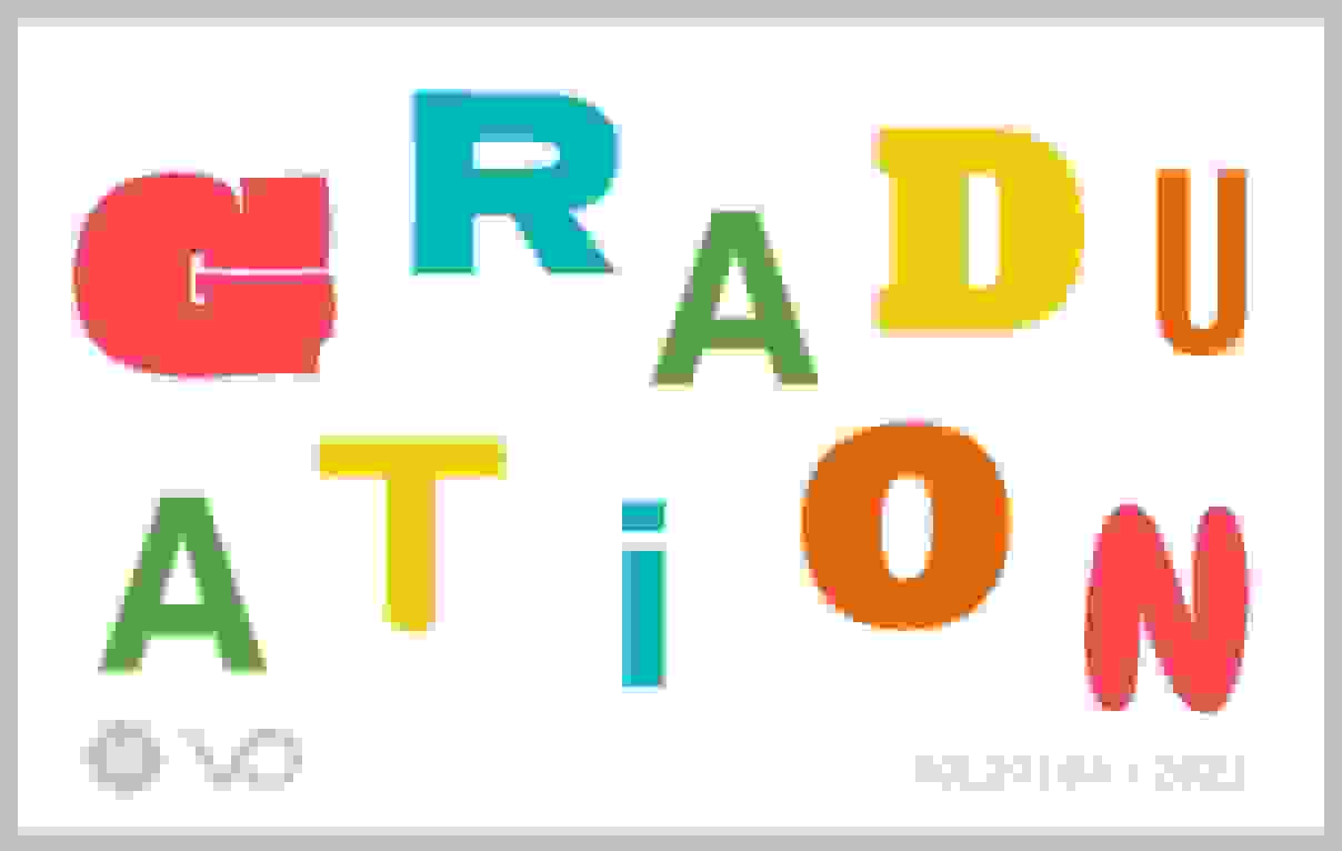 Cover of Vol. 27 Issue 4 of the Visual Opinion. It says "graduation" in colorful scattered block letters