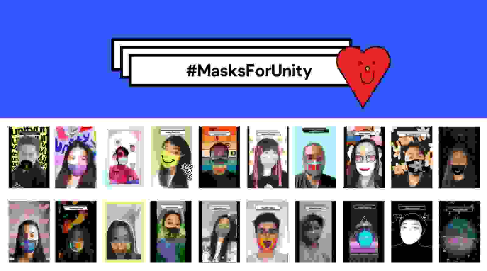 A graphic that reads "Masks for Unity" in the upper half. Underneath is a grid of individual selfies of people wearing AR face masks