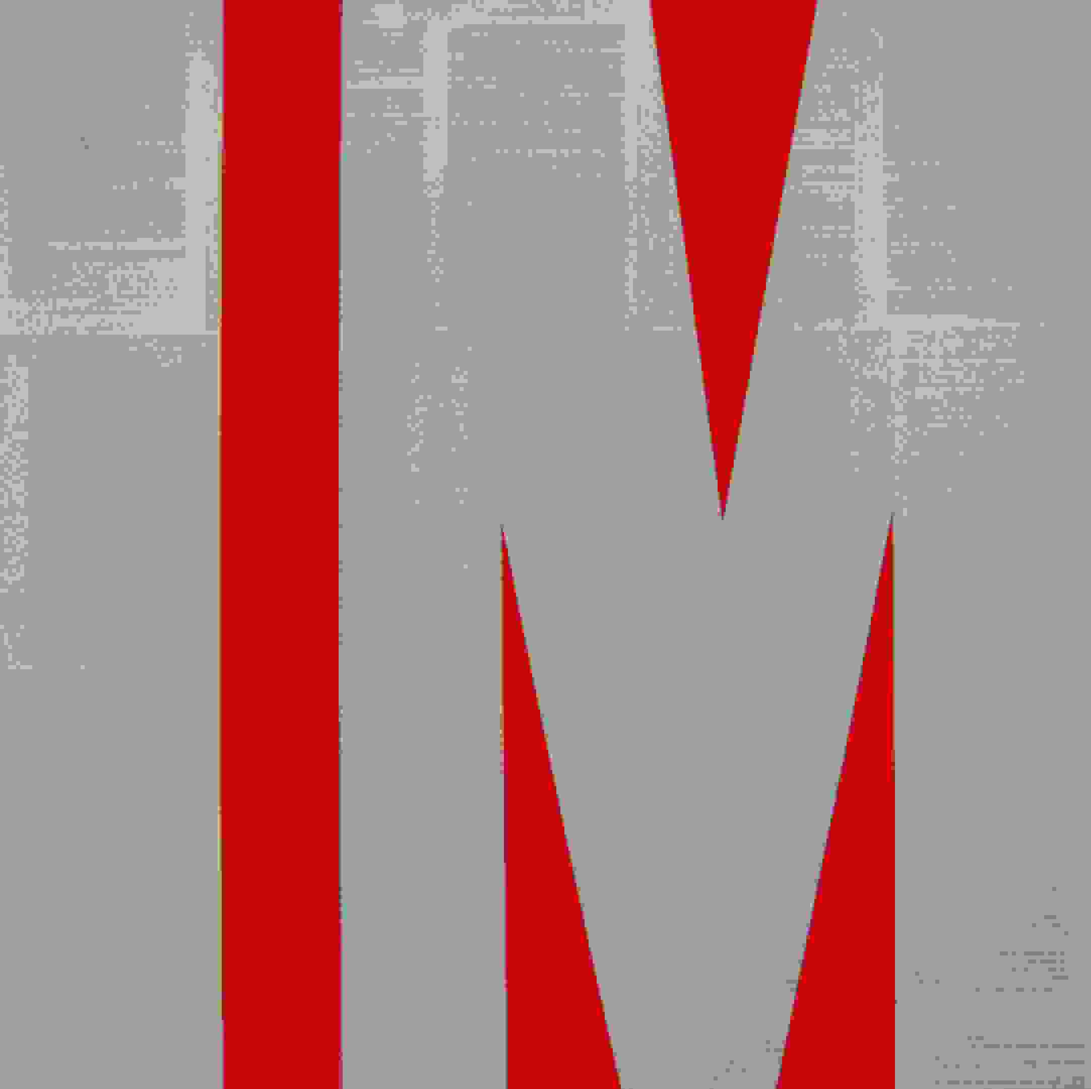 An artwork by Tim Rollins and K.O.S.  entitled "Invisible Man (after Ralph Ellison), 2014". The artwork shows the letters "I" and "M" with pages of Ralph Ellison's Invisible Man filled on the inside of the letters. The background is a solid bright red color.