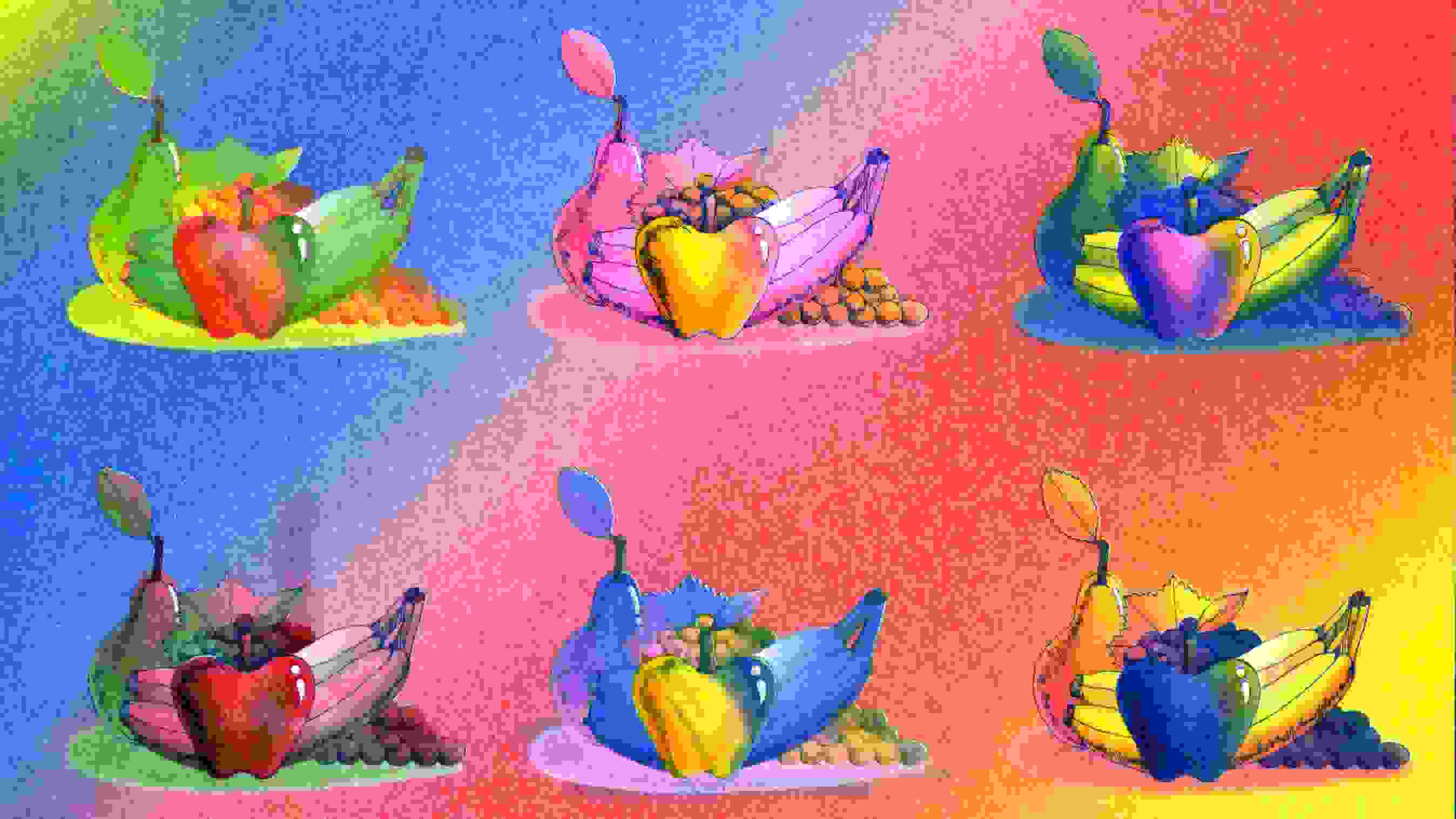 various versions of multicolored illustration of fruit arrangements.