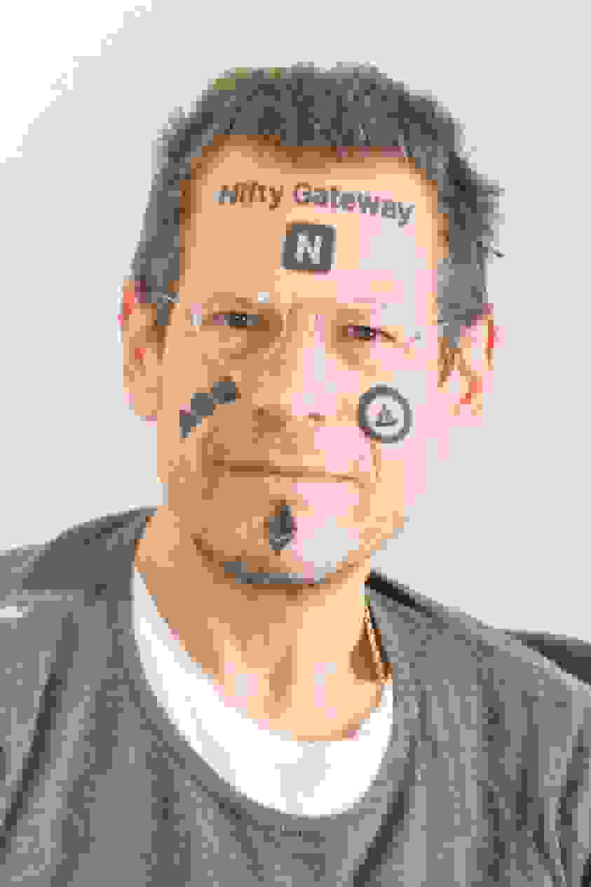 A photograph of artist, writer and critic, Kenny Schachter. The photograph is a headshot of Kenny with digital tattoo-like images and text across his face. The text on his forehead says the words, "Nifty Gateway". 