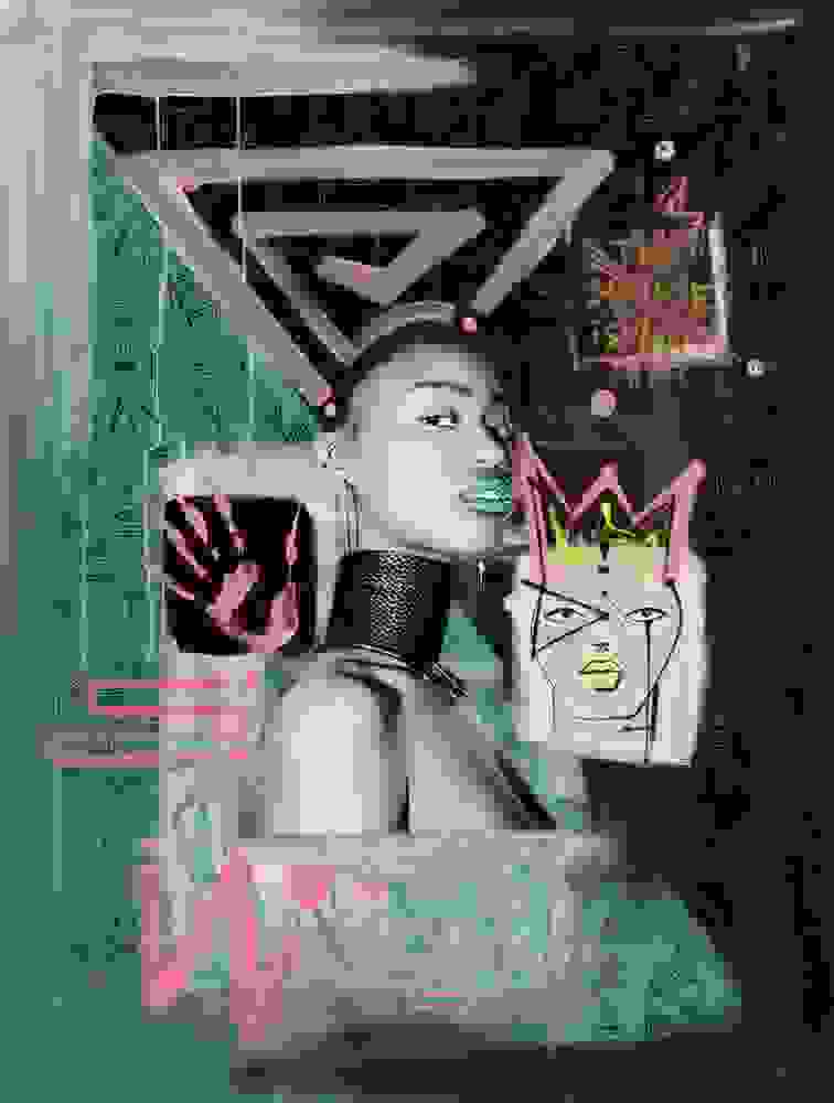 A mixed-media image combining photography and painting.  A head-and-shoulders black and white portrait of young black woman is surrounded by geometric patterns, hieroglyphics and a drawing of a face with a crown in shades of black, white, green, pink and purple. 