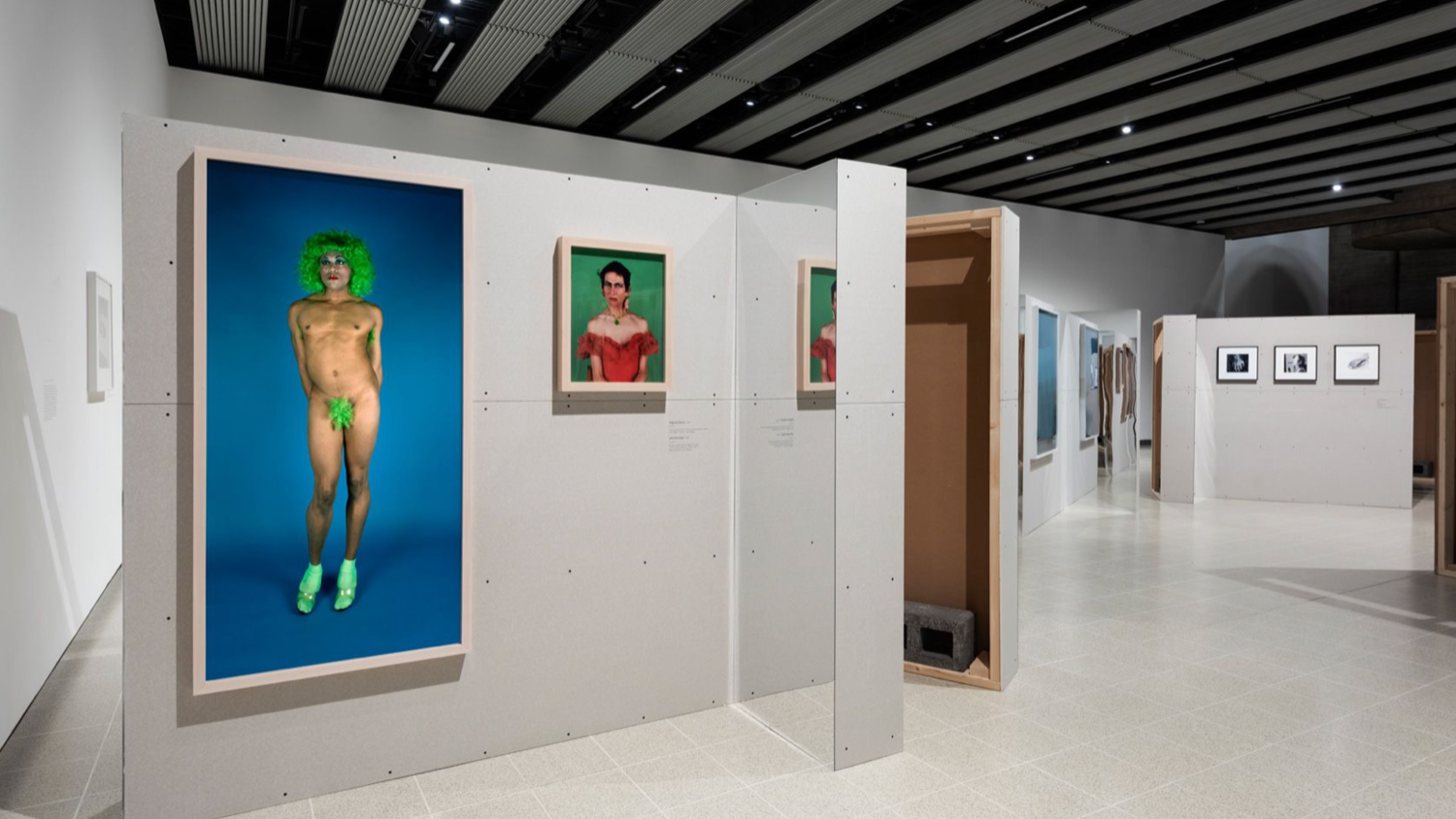 Installation view of Catherine Opie exhibition with photograph of nude man in green wig