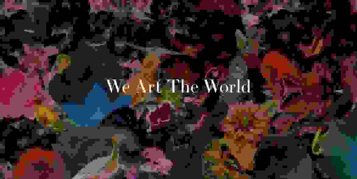 A colorful collage artwork featuring birds and flowers with the text "We Art the World." 