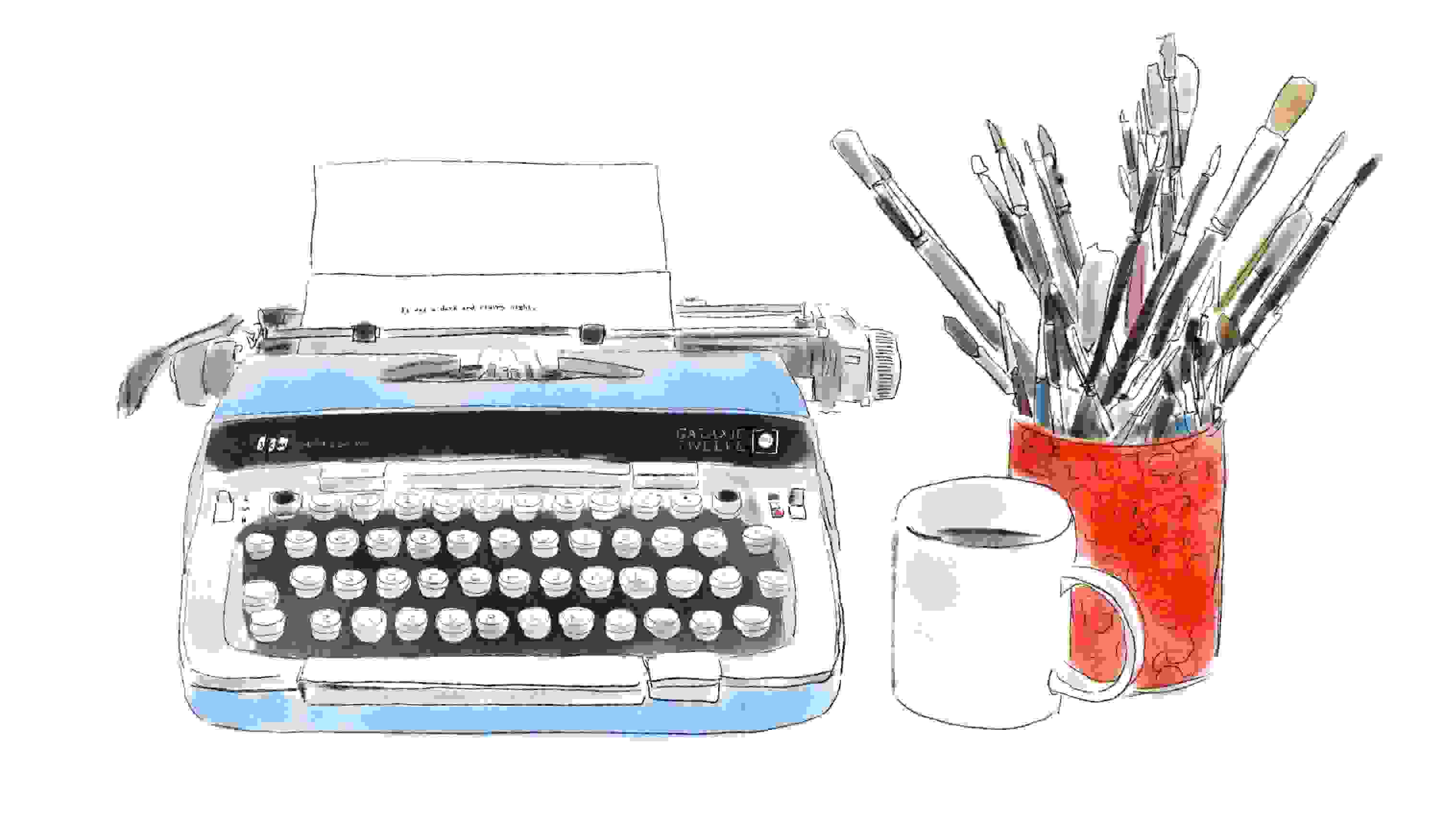 drawing of a typewriter and cup of brushes and coffee mug