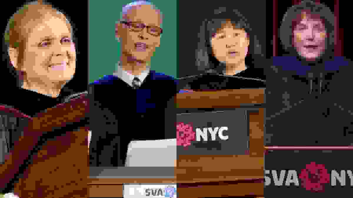 A collage image of SVA commencement speakers Gloria Steinem, John Waters, Maya Lin and Marilyn Minter
