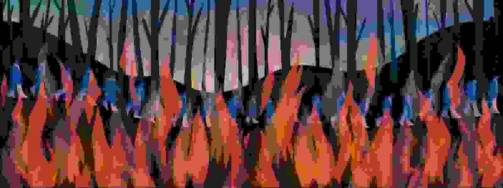 A group of human figures is walking. In the background blue color define the hills and road. Different shapes in yellow, orange, and red color define the fire.