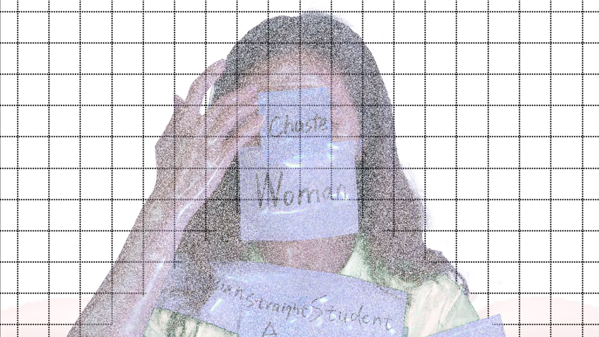 Image of a person against a white background, with labels adhered to their skin like "Chaste Woman" and "Straight A Student," with a superimposed black grid outline.