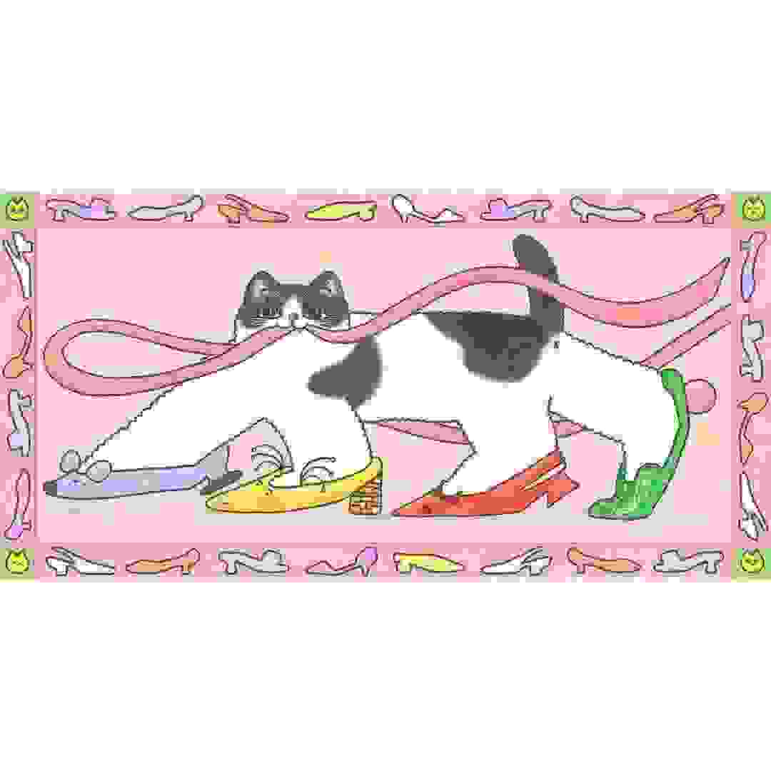 An illustration of a black and white cat walking in a set of multicolored heels with a ribbon in its mouth.