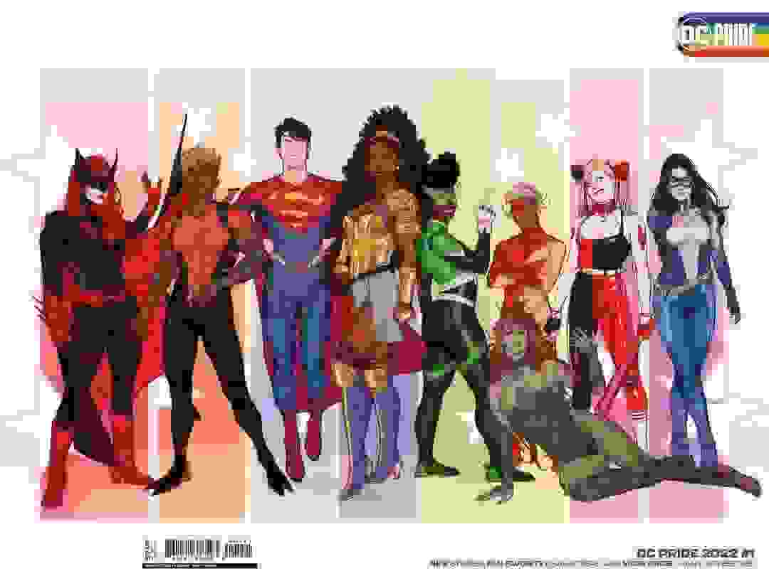 A, illustrated lineup of super heros standing in front of a rainbow color gradient.