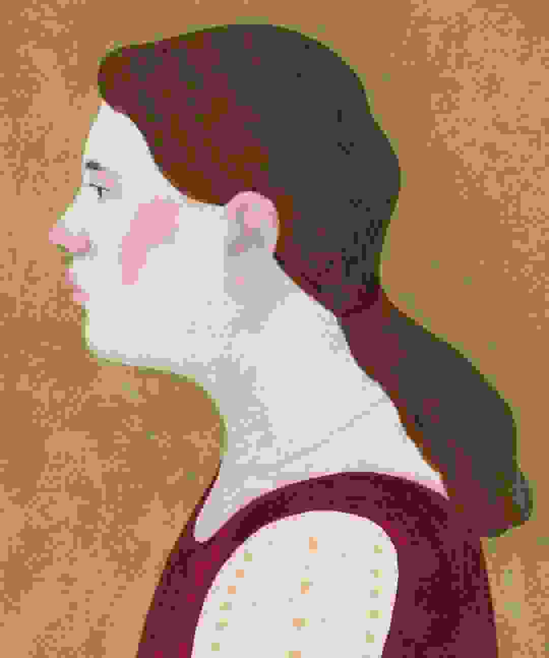 a profile portrait of a young girl in a red top with pearls and brown hair pulled back into a ponytail. 