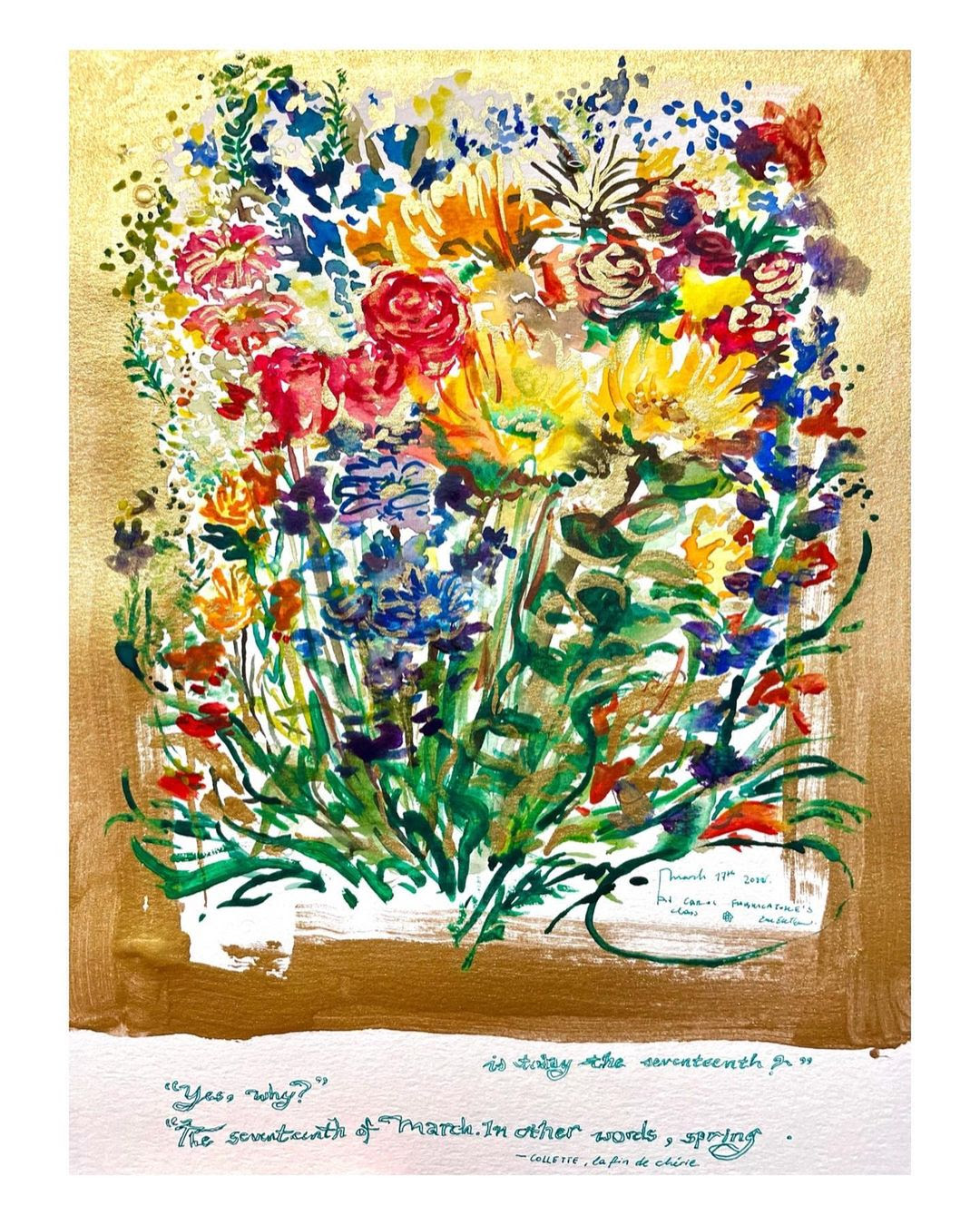 Watercolor painting of a flower bouquet in all colors, featuring a variety of flowers, framed by a painted gold border.