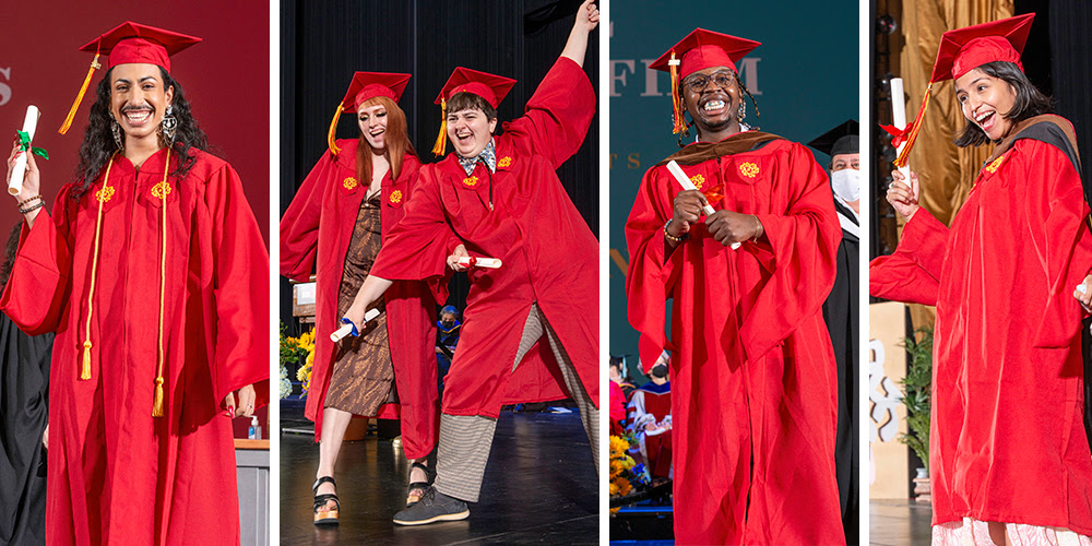 Four images of graduating SVA students receiving their diplomas