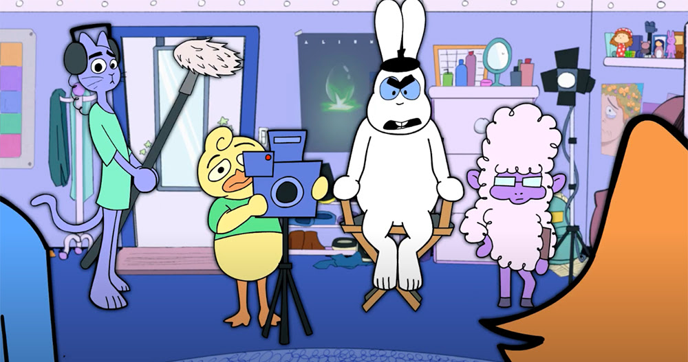 A screen cap of four characters (from left: purple cat, yellow duck, white rabbit and purple sheep) shooting a film.