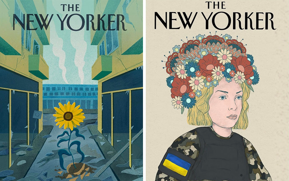 Two mock-ups of New Yorker magazine covers. Left: an illustration featuring a sunflower growing in between destroyed buildings. Right: a portrait of a girl in military gear with the Ukrainian flag on her arm and a crown of flowers. 