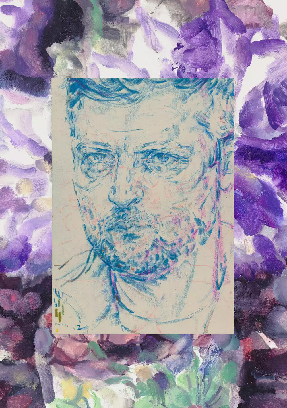 Contour portrait of Ukrainian President Volodymyr Zelenskyy in oil painting with a border of water-color flowers