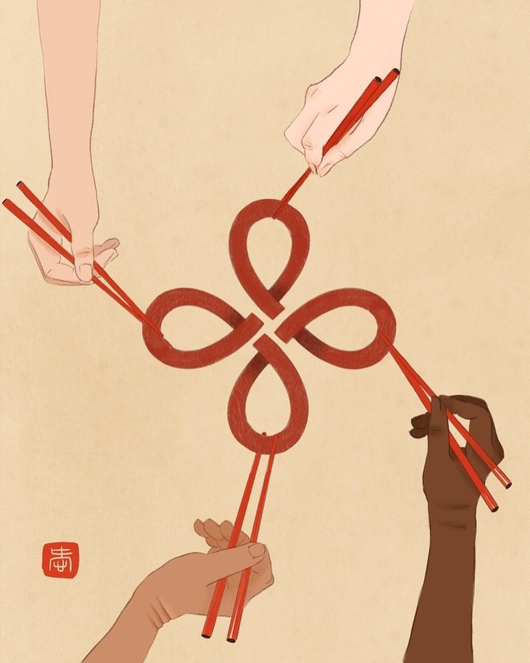 An illustration of four hands with chop sticks each reaching for a piece of a knot. 