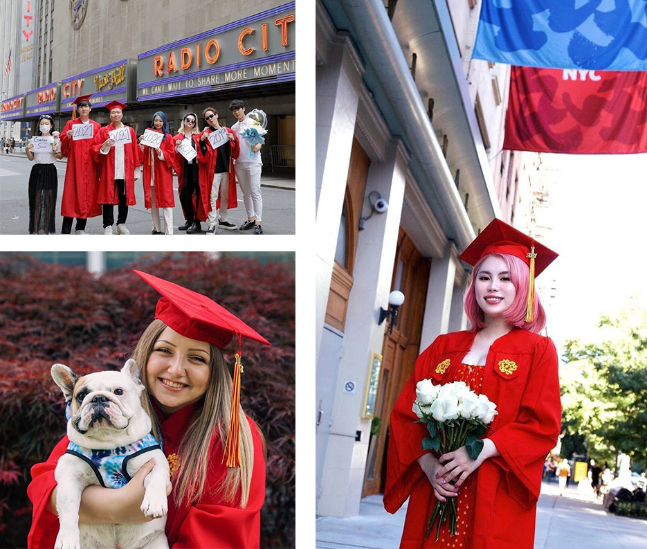 Upper left: a group of graduating students in front of Radio City Music Hall. Lower left: A graduating student in their cap and gown holding a dog. Right: A student in their cap and gown holding a bouquet of white roses in front of SVA.