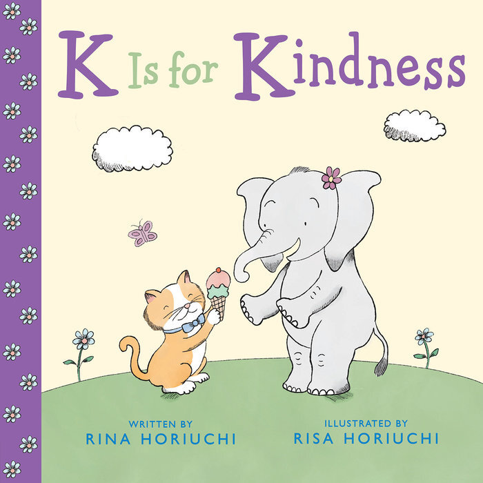 A book cover featuring an illustration of a cat giving an elephant an ice cream cone with "K is for Kindness" above them.