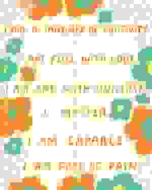 A text-based illustration decorated with simplified drawings of orange and green flowers.
