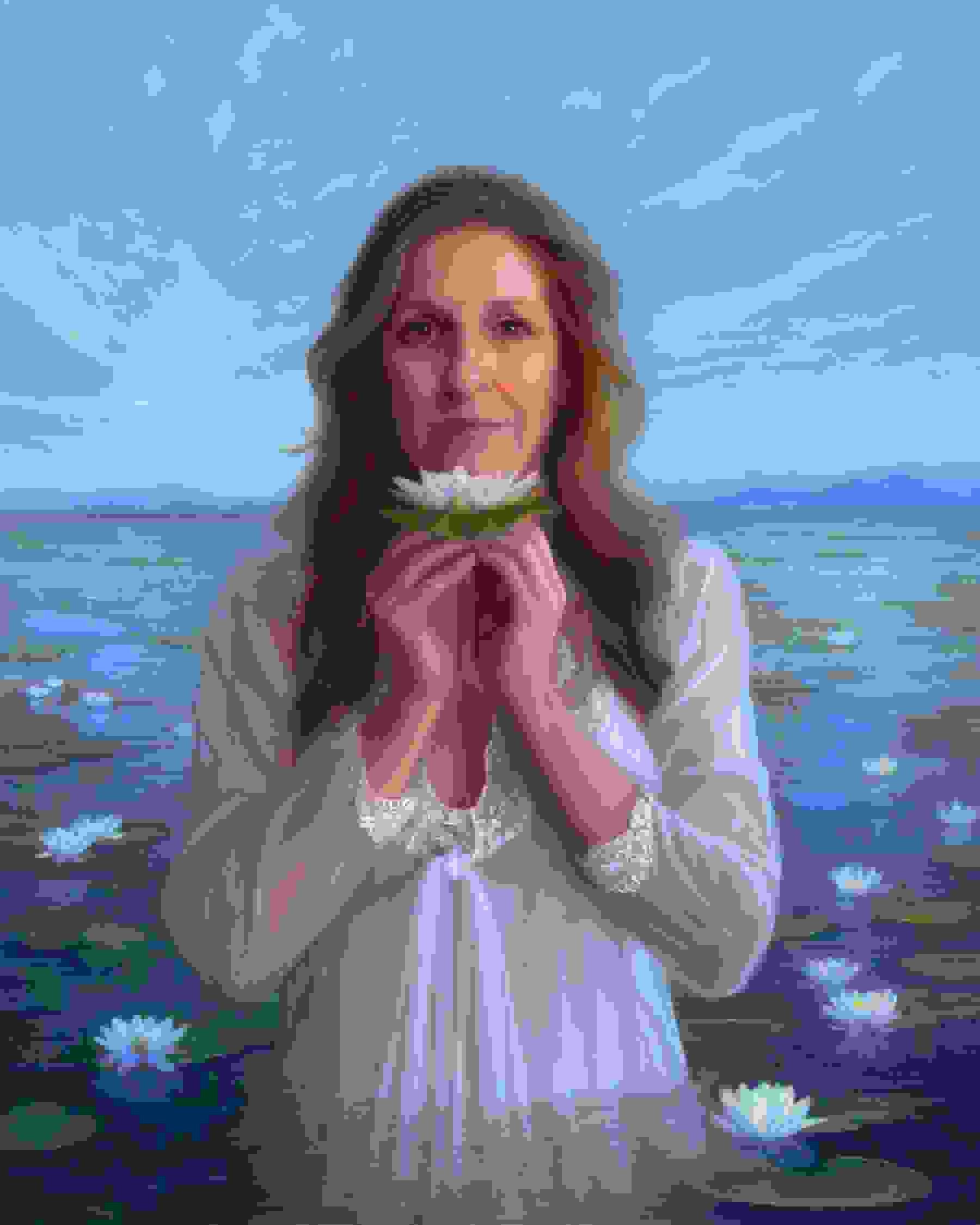 A woman with long, brown hair standing in a body of water that seems to be infinite, surrounded by water lilies. She is holding a water lily in her hands.