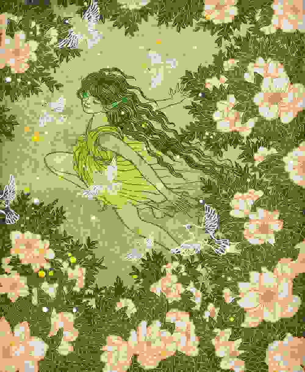 A green elf girl with long hair and a green dress frolics through a field of peach colored flowers.