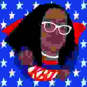 An Illustration of Supreme Court Nominee Judge Ketanji Brown Jackson in a superhero costume flying towards the viewer. The background is blue with white stars.