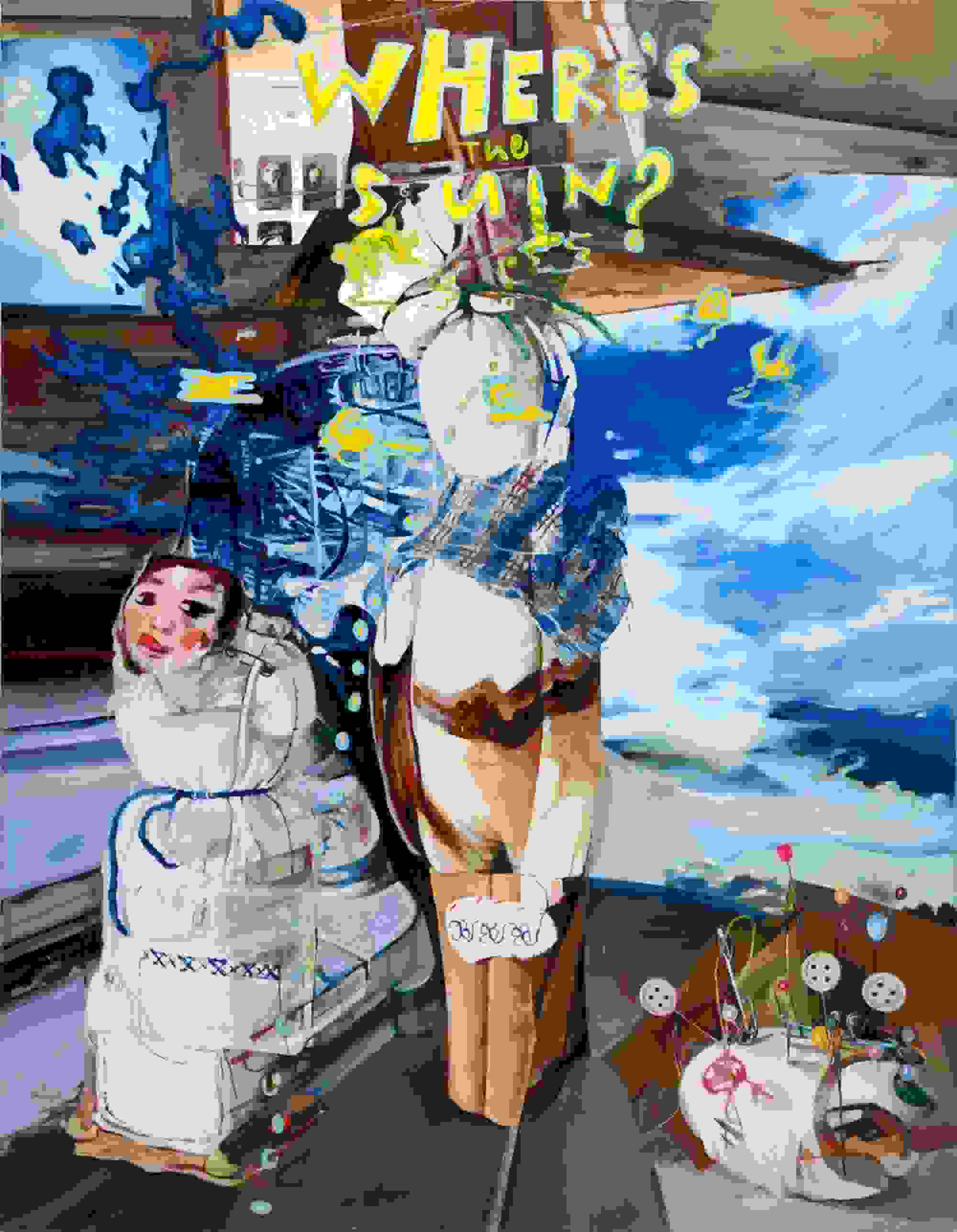 A painting of an obfuscated still life, featuring the face of a doll, a pin cushion, and other items.