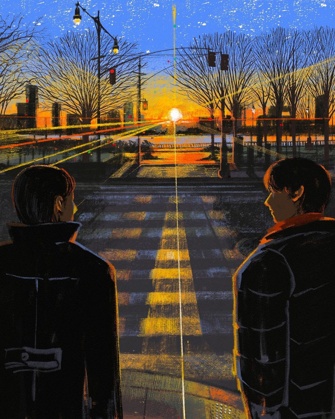 An illustration of two people standing at the end of a crosswalk opposite of a body of water and sunset.