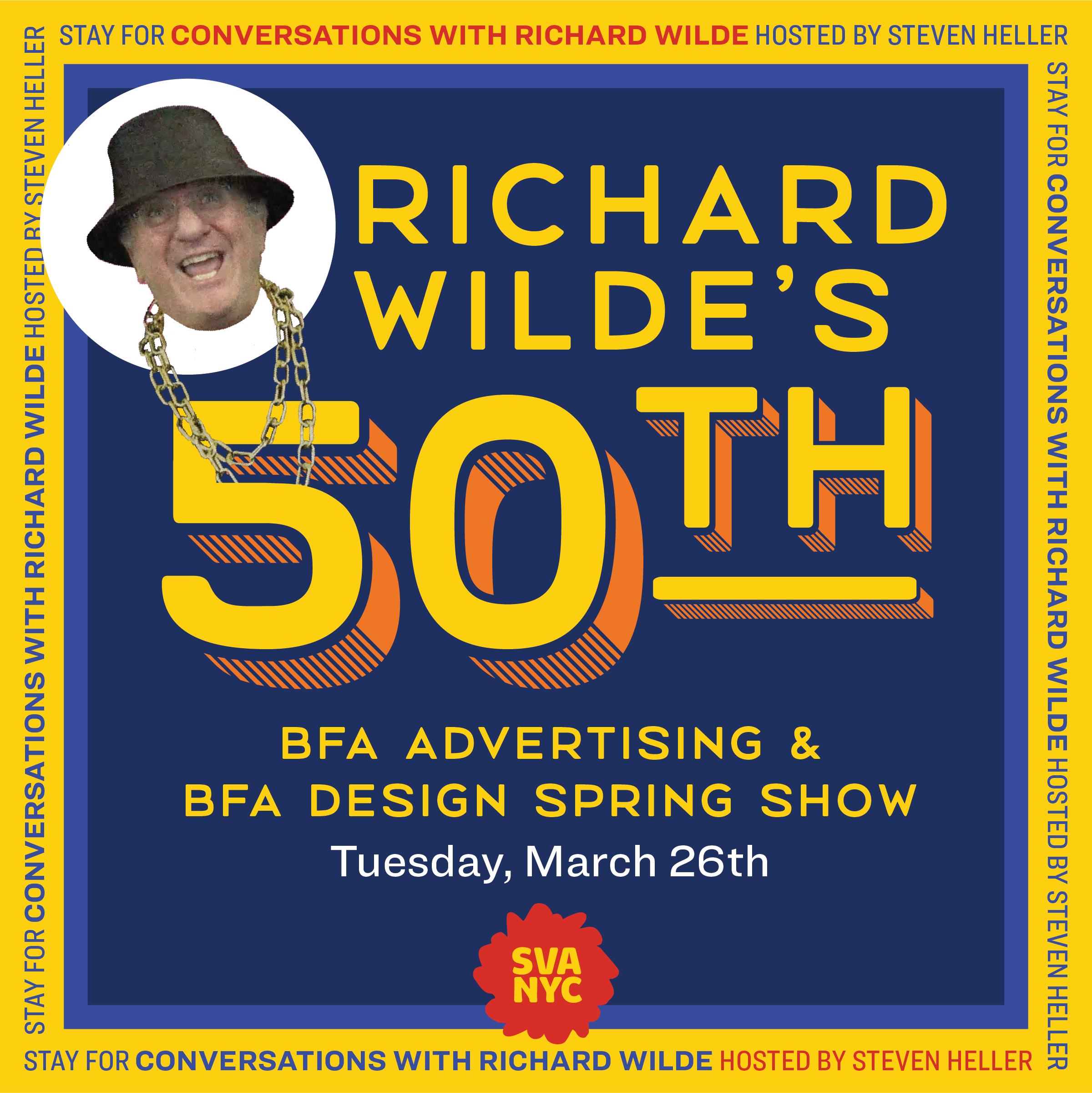<p "="">A graphic promoting BFA Advertising and BFA Design's spring exhibition, with a photo of Richard Wilde wearing a bucket hat and chain-link necklace.
