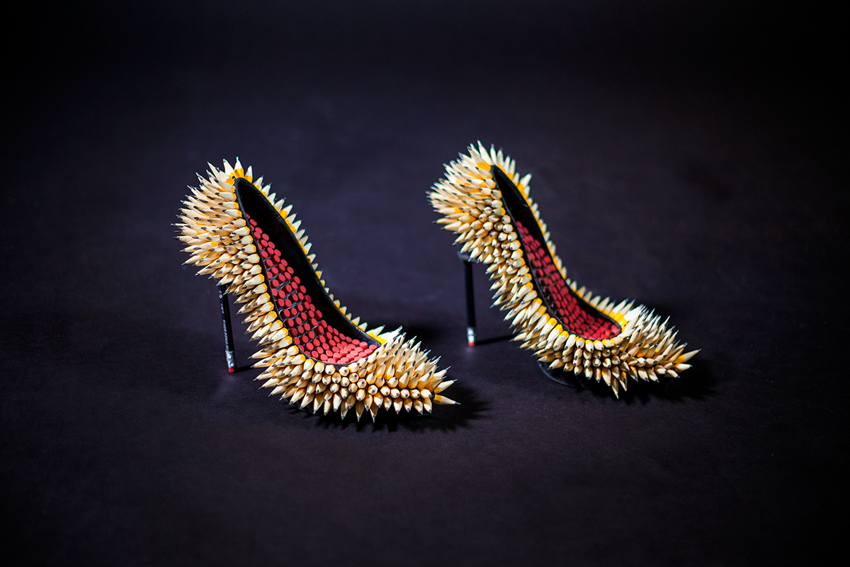 Stilettos made out of pencils and erasers for the "Obsessorize" exhibition. Photograph by Andrew Werner.

